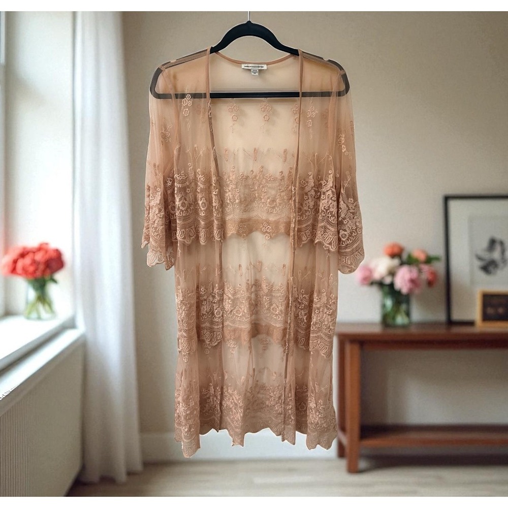 American Eagle feminine open front cardigan duster shrug Dusty pink Lace SIZE M